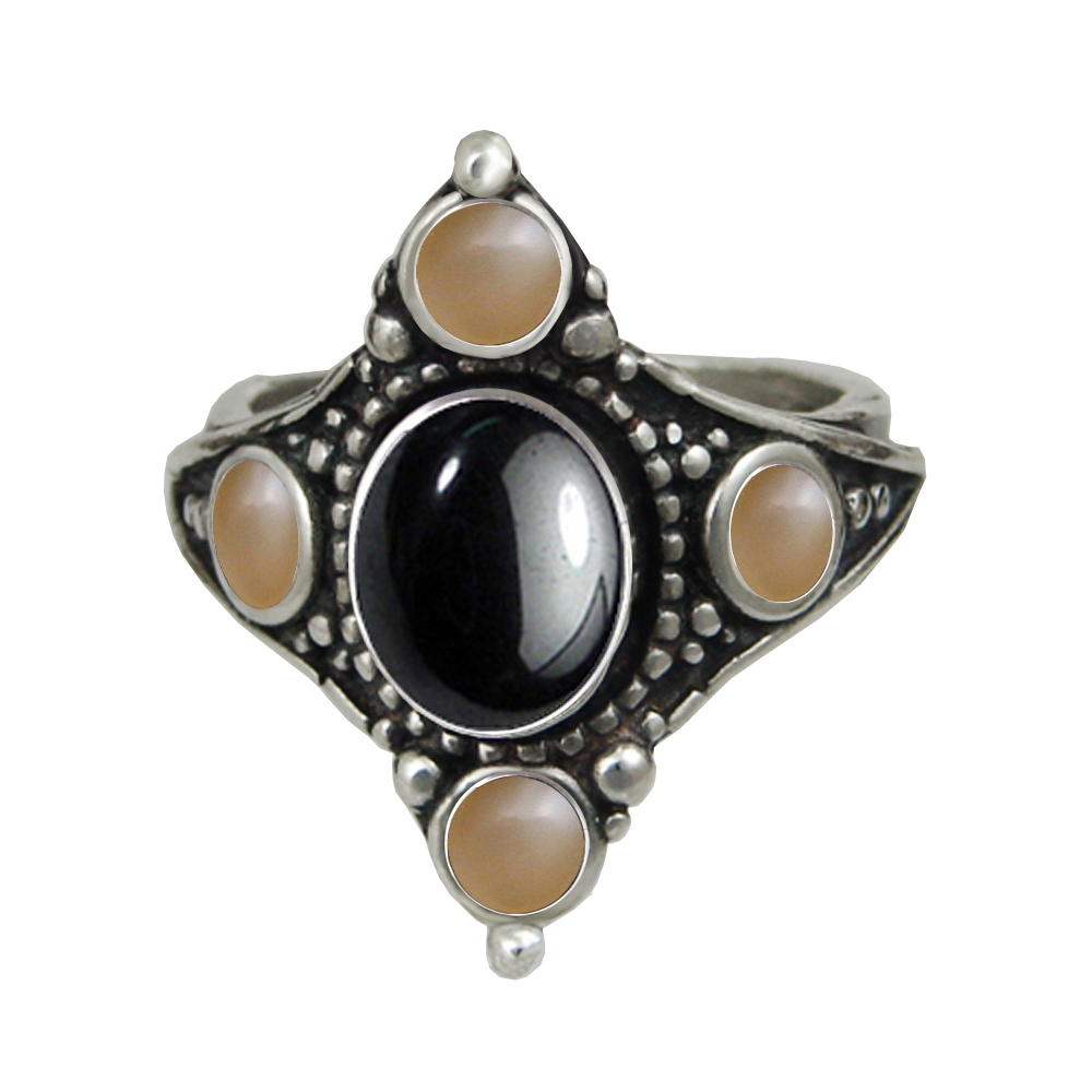 Sterling Silver Renaissance Queen's Ring With Hematite And Peach Moonstone Size 6 Sterling Silver Renaissance Queen's Ring With Hematite And Peach Moonstone Size 6